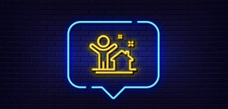 Téléchargez les illustrations : Neon light speech bubble. New house line icon. Home building sign. Buying real estate symbol. Buyer and his property. Neon light background. New house glow line. Brick wall banner. Vector - en licence libre de droit
