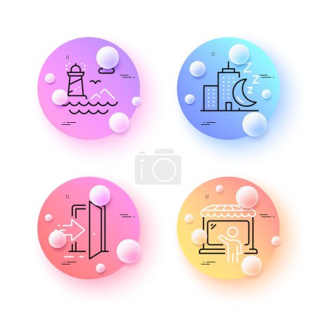 Illustration for Night city, Lighthouse and Entrance minimal line icons. 3d spheres or balls buttons. Market seller icons. For web, application, printing. Sleeping building, Navigation beacon, Open door. Vector - Royalty Free Image