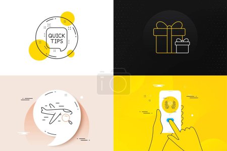 Téléchargez les illustrations : Minimal set of Quick tips, Surprise package and Search flight line icons. Phone screen, Quote banners. Justice scales icons. For web development. Helpful tricks, Present boxes, Find travel. Vector - en licence libre de droit