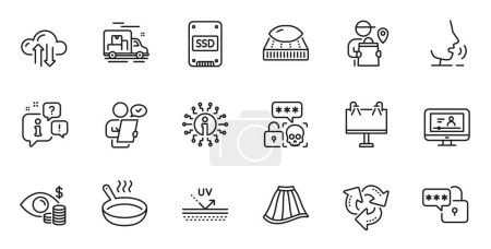 Illustration for Outline set of Uv protection, Customer survey and Skirt line icons for web application. Talk, information, delivery truck outline icon. Include Delivery man, Frying pan, Cloud sync icons. Vector - Royalty Free Image