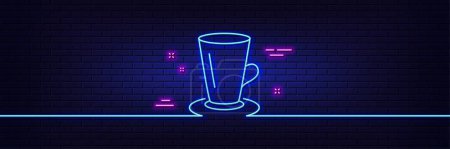 Illustration for Neon light glow effect. Cup of Tea line icon. Fresh beverage sign. Latte or Coffee symbol. 3d line neon glow icon. Brick wall banner. Teacup outline. Vector - Royalty Free Image