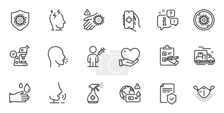 Ilustración de Outline set of Insurance policy, Medical cleaning and Volunteer line icons for web application. Talk, information, delivery truck outline icon. Vector - Imagen libre de derechos