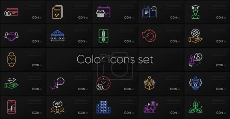 Illustration for Set of Wholesale inventory, Fair trade and Smartwatch line icons. Include Clown, Refrigerator, Loan percent icons. Augmented reality, Carousels, Leaf web elements. Handout. Vector - Royalty Free Image