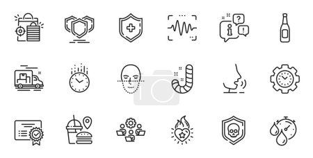 Téléchargez les illustrations : Outline set of Beer, Cyber attack and Teamwork line icons for web application. Talk, information, delivery truck outline icon. Include Heart flame, Voice wave, Face recognition icons. Vector - en licence libre de droit