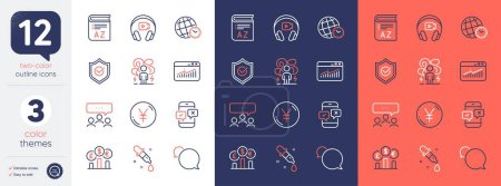 Illustration for Set of Messenger, Meeting and Currency rate line icons. Include Difficult stress, Website statistics, Headphones icons. Time zone, Chemistry pipette, Phone survey web elements. Vector - Royalty Free Image