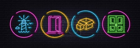 Téléchargez les illustrations : Open door, Packing boxes and Lighthouse minimal line icons. Neon laser 3d lights. Door icons. For web, application, printing. Entrance, Delivery package, Navigation beacon. Neon lights buttons. Vector - en licence libre de droit