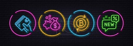 Illustration for Wallet, Refresh bitcoin and Loan minimal line icons. Neon laser 3d lights. New icons. For web, application, printing. Money budget, Update cryptocurrency, Investment of savings. Discount. Vector - Royalty Free Image