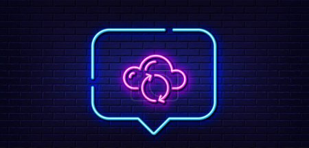 Illustration for Neon light speech bubble. Cloud computing sync line icon. Internet data storage sign. File hosting technology symbol. Neon light background. Cloud sync glow line. Brick wall banner. Vector - Royalty Free Image