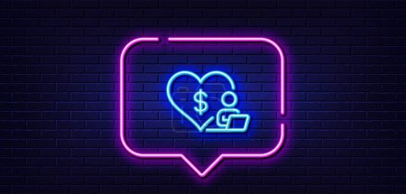 Illustration for Neon light speech bubble. Volunteer care line icon. Online charity sign. Donation service symbol. Neon light background. Volunteer glow line. Brick wall banner. Vector - Royalty Free Image