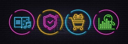 Ilustración de Shopping trolley, Shield and Music book minimal line icons. Neon laser 3d lights. Search icons. For web, application, printing. Sale gift, Safe secure, Musical note. Analytics. Vector - Imagen libre de derechos