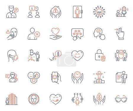 Illustration for People icons set. Included icon as Eyeglasses, Touchscreen gesture and People web elements. Face detect, Select user, Dont touch icons. Agent, Fingerprint lock, Elevator web signs. Vector - Royalty Free Image