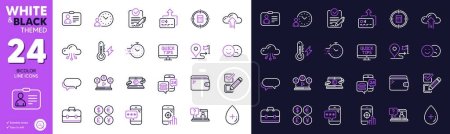 Illustration for Card, Video conference and Calculator target line icons for website, printing. Collection of Money currency, Cloud upload, Oil serum icons. Electricity power, Id card, Checkbox web elements. Vector - Royalty Free Image