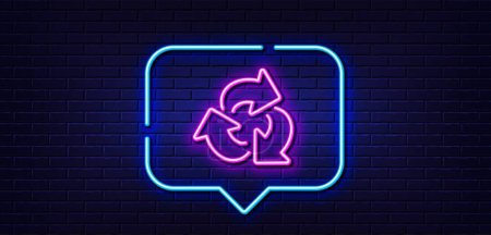 Illustration for Neon light speech bubble. Recycle arrow line icon. Recycling waste symbol. Reduce and Reuse sign. Neon light background. Recycle glow line. Brick wall banner. Vector - Royalty Free Image