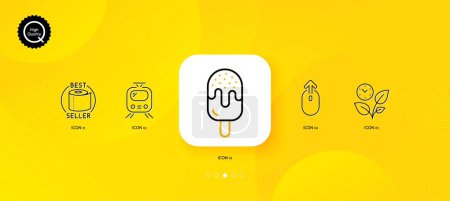Ilustración de Ice cream, Leaves and Train minimal line icons. Yellow abstract background. Toilet paper, Swipe up icons. For web, application, printing. Frozen dessert, Grow plant, Tram. Tissue roll. Vector - Imagen libre de derechos