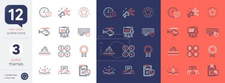 Illustration for Set of Select alarm, Money currency and Computer keyboard line icons. Include Spanner, Clean skin, Ole chant icons. Receive file, Reward, Twinkle star web elements. Helicopter, Skin care. Vector - Royalty Free Image