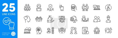Illustration for Outline icons set. Checkbox, Teamwork questions and Fingerprint icons. Group, Organic tested, Ranking web elements. Swipe up, Touchscreen gesture, Wash hands signs. Woman, Group people. Vector - Royalty Free Image