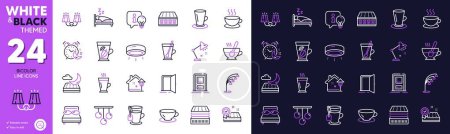 Illustration for Tea mug, Led lamp and Mattress line icons for website, printing. Collection of Deluxe mattress, Cappuccino, Open door icons. Ceiling lamp, Tea cup, Latte web elements. Pillows, Entrance. Vector - Royalty Free Image