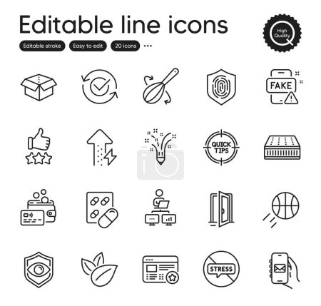 Illustration for Set of Business outline icons. Contains icons as Approved, Energy growing and Fake news elements. Card, Basketball, Mail app web signs. Rating stars, Cooking whisk, Capsule pill elements. Vector - Royalty Free Image