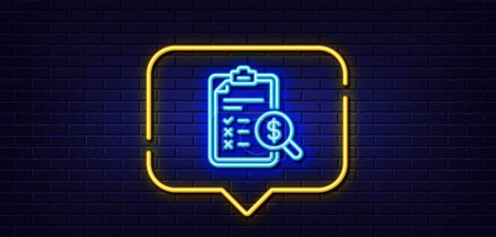 Illustration for Neon light speech bubble. Accounting report line icon. Audit sign. Check finance symbol. Neon light background. Accounting report glow line. Brick wall banner. Vector - Royalty Free Image