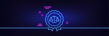 Illustration for Neon light glow effect. Justice scales line icon. Judgement award sign. Legal law symbol. 3d line neon glow icon. Brick wall banner. Justice scales outline. Vector - Royalty Free Image