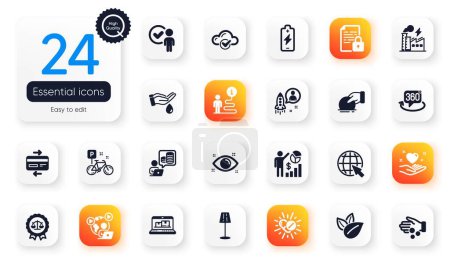 Illustration for Set of Business flat icons. Wash hands, Video conference and Bike elements for web application. Web inventory, Hold heart, Internet icons. Cloud computing, Battery charging. Vector - Royalty Free Image