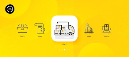 Illustration for Package box, Delivery truck and Skyscraper buildings minimal line icons. Yellow abstract background. Technical documentation, Inventory icons. For web, application, printing. Vector - Royalty Free Image