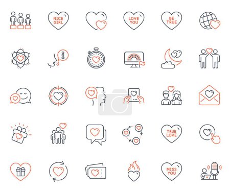 Illustration for Love icons set. Included icon as Friends community, Hearts and Friends world web elements. Nice girl, Heart, Love mail icons. Love night, Romantic talk, Heartbeat timer web signs. Lgbt. Vector - Royalty Free Image