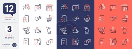 Téléchargez les illustrations : Set of Warning, Location app and Repairman line icons. Include Checked file, Love message, Video conference icons. Shield, Love letter, Donate web elements. Gift shop. Bicolor outline icon. Vector - en licence libre de droit