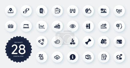 Illustration for Set of Business icons, such as Laptop, Buying accessory and Diagram chart flat icons. Delivery timer, Click hands, Justice scales web elements. Apple, Leadership, Business vision signs. Vector - Royalty Free Image