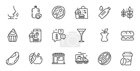 Illustration for Outline set of Market, Food delivery and Walnut line icons for web application. Talk, information, delivery truck outline icon. Include Organic waste, Apple, Brazil nut icons. Vector - Royalty Free Image