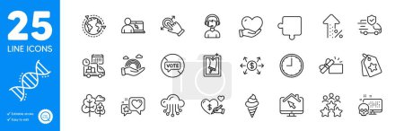 Ilustración de Outline icons set. Cyber attack, Online education and Ice cream icons. Work home, Stop voting, Chemistry dna web elements. Business meeting, Social care, Window cleaning signs. Vector - Imagen libre de derechos