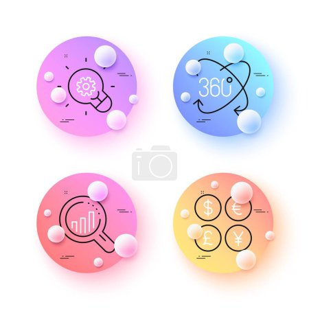 Illustration for Seo analysis, Full rotation and Money currency minimal line icons. 3d spheres or balls buttons. Innovation icons. For web, application, printing. Targeting chart, 360 degree, Currency exchange. Vector - Royalty Free Image