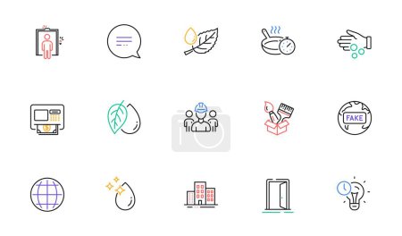 Illustration for Brush, Frying pan and Text message line icons for website, printing. Collection of Mineral oil, Elevator, Donation money icons. Atm, Engineering team, Open door web elements. Globe. Vector - Royalty Free Image