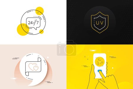 Illustration for Minimal set of Chemical hazard, Uv protection and 24h service line icons. Phone screen, Quote banners. Love letter icons. For web development. Toxic, Skin cream, Call support. Heart. Vector - Royalty Free Image