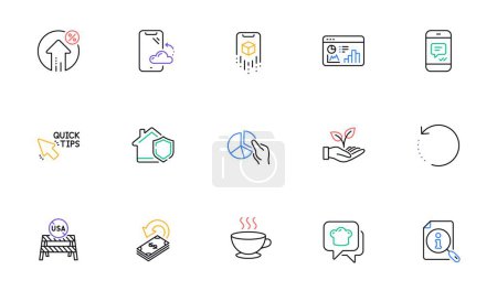 Illustration for Loan percent, Coffee cup and Augmented reality line icons for website, printing. Collection of Cooking hat, Cashback, Home insurance icons. Smartphone cloud, Seo statistics. Vector - Royalty Free Image