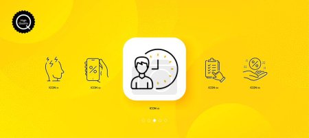 Téléchargez les illustrations : Loan percent, Stress and Checklist minimal line icons. Yellow abstract background. Discounts app, Working hours icons. For web, application, printing. Vector - en licence libre de droit