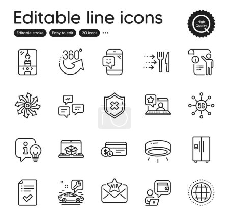 Illustration for Set of Technology outline icons. Contains icons as Chat messages, Led lamp and Approved checklist elements. Food delivery, Online rating, Smile web signs. Versatile, Wallet, Vip mail elements. Vector - Royalty Free Image