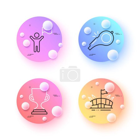 Téléchargez les illustrations : Award cup, Leadership and Whistle minimal line icons. 3d spheres or balls buttons. Arena icons. For web, application, printing. Trophy, Winner flag, Kick-off. Sport stadium. Vector - en licence libre de droit