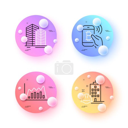 Illustration for Infographic graph, Bitcoin pay and Construction building minimal line icons. 3d spheres or balls buttons. Skyscraper buildings icons. For web, application, printing. Vector - Royalty Free Image