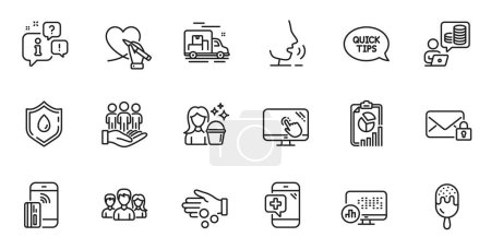 Ilustración de Outline set of Donation money, Medical phone and Cleaning line icons for web application. Talk, information, delivery truck outline icon. Include Ice cream, Teamwork, Report statistics icons. Vector - Imagen libre de derechos