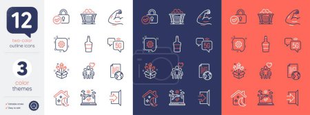 Illustration for Set of Verified locker, Internet document and Scotch bottle line icons. Include Strong arm, Cogwheel, Sleep icons. Friendship, Coal trolley, Airplane travel web elements. Bicolor outline icon. Vector - Royalty Free Image