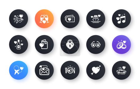 Téléchargez les illustrations : Honeymoon icons set. Wedding car, marriage rings, love. Bridal champagne, Valentine heart icons. Couple tickets, honeymoon travel, married night. Wedding music, love lock. Circle web buttons. Vector - en licence libre de droit