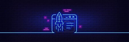 Illustration for Neon light glow effect. Start business line icon. Launch crowdfunding project sign. Innovation symbol. 3d line neon glow icon. Brick wall banner. Start business outline. Vector - Royalty Free Image