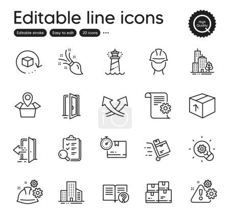 Illustration for Set of Industrial outline icons. Contains icons as Skyscraper buildings, Inventory cart and Return package elements. Warning, Innovation, Wholesale inventory web signs. Help, Foreman. Vector - Royalty Free Image