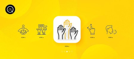 Ilustración de Cough, Touchscreen gesture and Voting campaign minimal line icons. Yellow abstract background. Voting hands, Court judge icons. For web, application, printing. Vector - Imagen libre de derechos