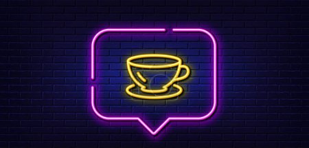 Illustration for Neon light speech bubble. Tea cup line icon. Coffee drink sign. Fresh beverage symbol. Neon light background. Espresso glow line. Brick wall banner. Vector - Royalty Free Image