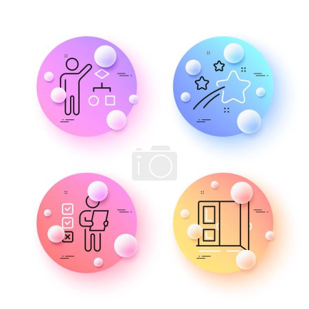 Illustration for Voting ballot, Algorithm and Falling star minimal line icons. 3d spheres or balls buttons. Open door icons. For web, application, printing. Vote checklist, Developers job, Night star. Entrance. Vector - Royalty Free Image