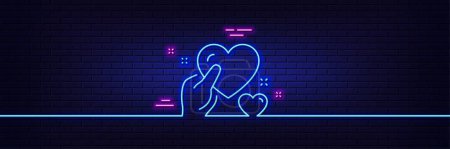 Illustration for Neon light glow effect. Hold heart line icon. Care love emotion sign. Valentine day symbol. 3d line neon glow icon. Brick wall banner. Hold heart outline. Vector - Royalty Free Image