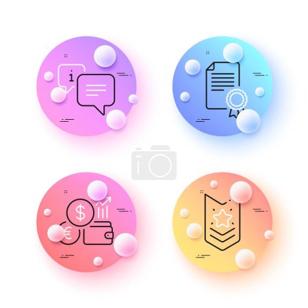 Illustration for Certificate, Shoulder strap and Currency rate minimal line icons. 3d spheres or balls buttons. Info icons. For web, application, printing. Diploma, Star rank, Financial exchange. Vector - Royalty Free Image