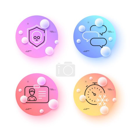 Ilustración de Freezing timer, Talk bubble and Cyber attack minimal line icons. 3d spheres or balls buttons. Identification card icons. For web, application, printing. Vector - Imagen libre de derechos